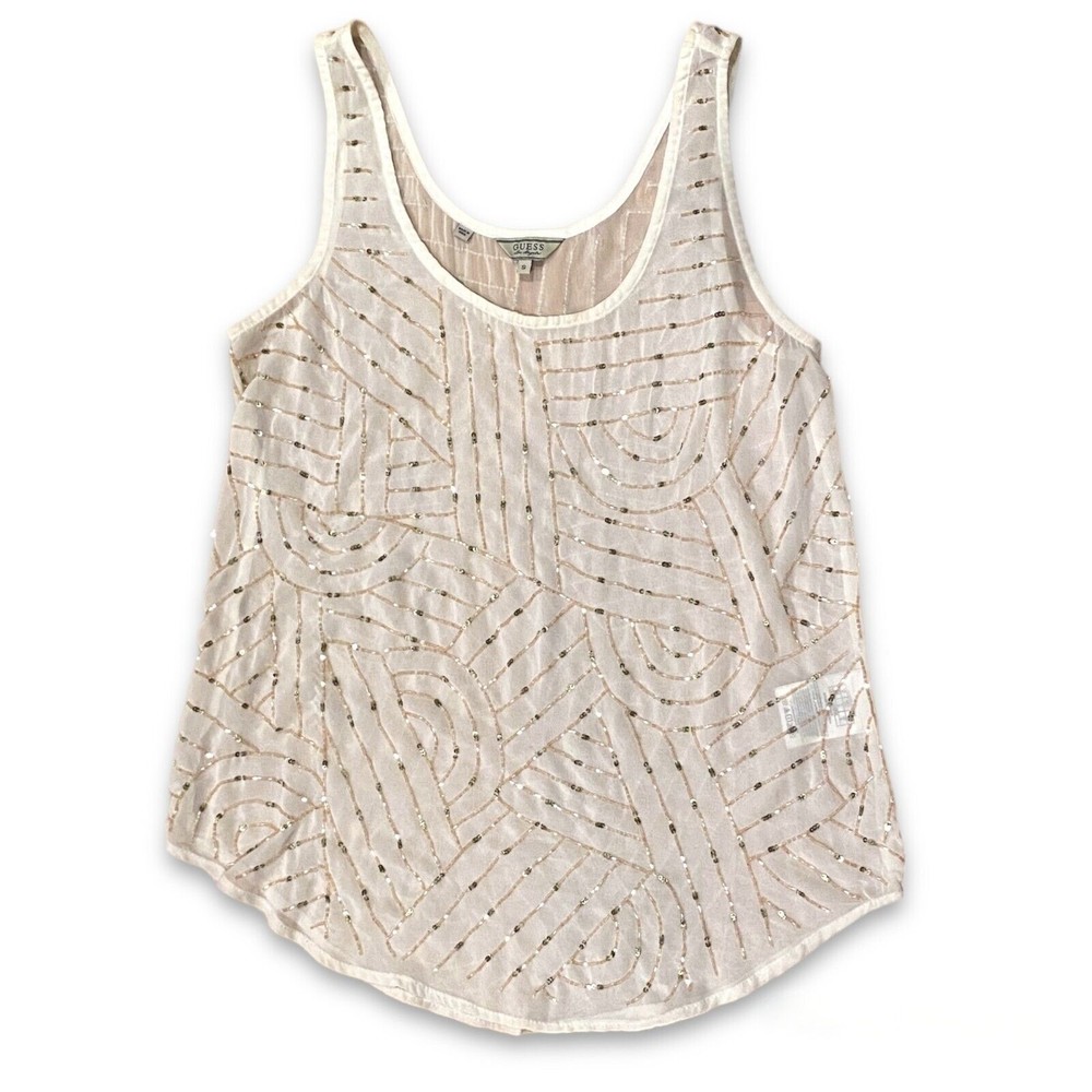 GUESS Brand White Sheer Pink Beaded Sleeveless Blouse Womens Sz S